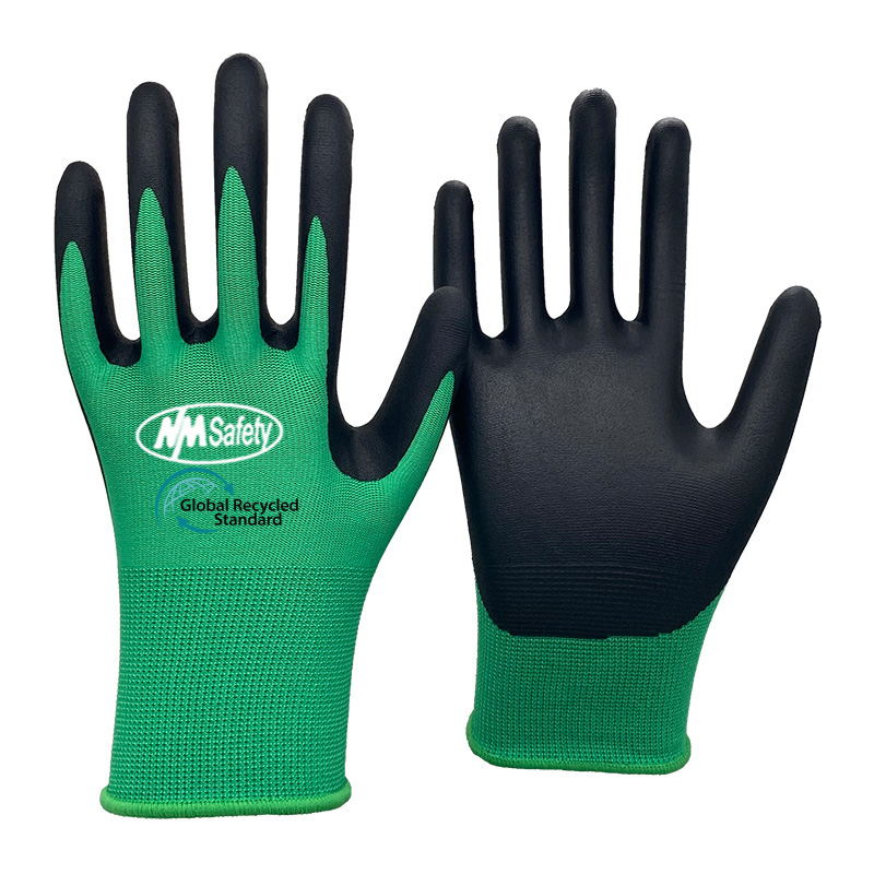 13 Gauge green RPET Polyester Knitted Liner Microfoam Nitrile Coated Gloves [NY1350F-ECO]