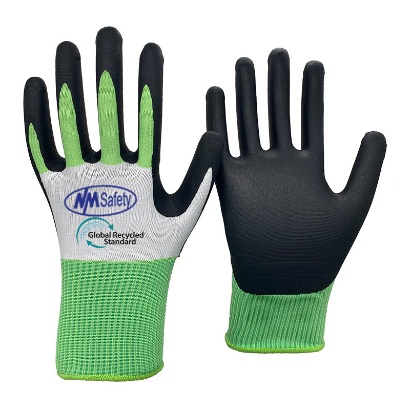13 Gauge green+white RPET Polyester Knitted Liner Microfoam Nitrile Coated Gloves [NY1350F-ECO]